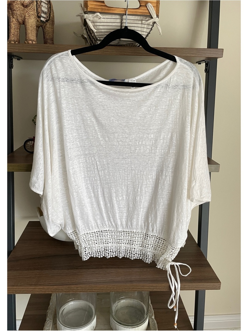 Acrobat White Crochet Hem Dolman Sleeve Top 100% Linen, Size Large